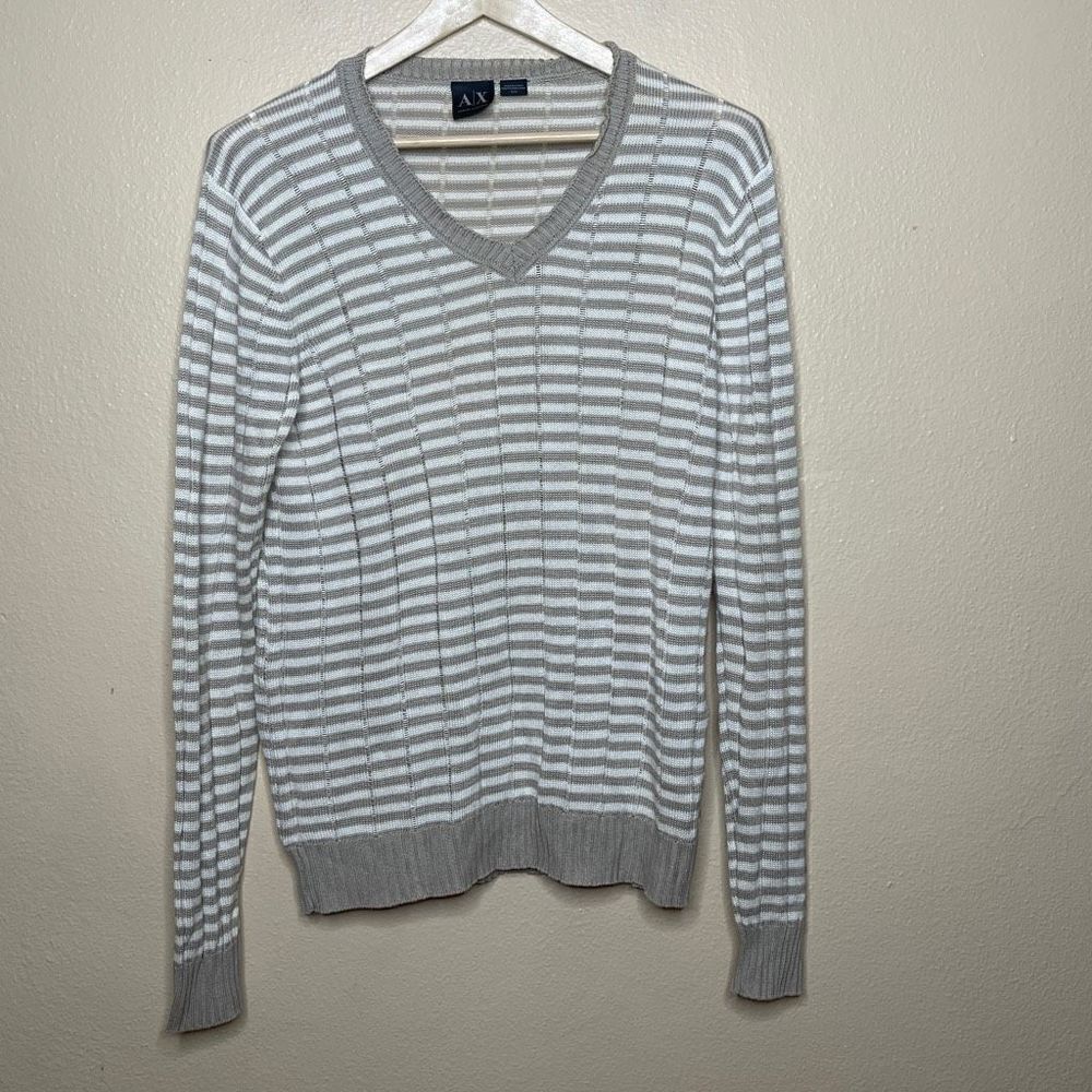 Armani Exchange Sweater Mens Medium Striped V neck Cotton Bland Casual